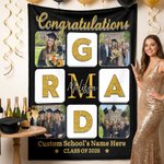Personalized GRAD Letter Grid Photos School Name Soft Throw Blanket with Year and Name Graduation Gift for Graduates