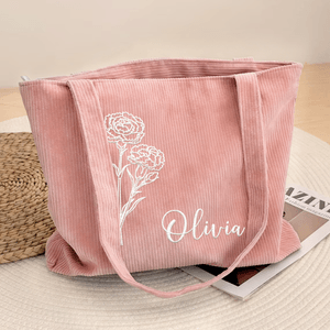 Personligt broderat Födelseblomma Stor kapacitet Corduroy Tote Bag med namn Daglig användning Resa Födelsedag Mors dag Present till kvinna