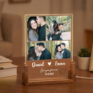 Personalized Photos Collage Acrylic LED Night Light with Names and Wooden Base Home Decor Wedding Anniversary Birthday Gift for Couple
