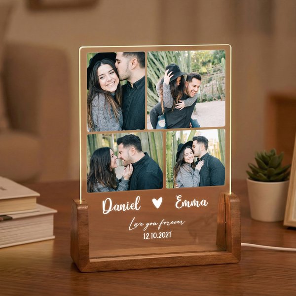 Personalized Photos Collage Acrylic LED Night Light with Names and Wooden Base Home Decor Wedding Anniversary Birthday Gift for Couple