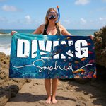 Personalisierte Ozean Taucher Silhouette Quick Dry Oversized Mikrofaser Strandtuch mit Text Urlaub wesentliche Geburtstagsgeschenk für Taucher Tauchen Liebhaber
