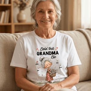 Personalised Multicolour Livin' That Grandma Happy Life Whimsical Style T-shirt with Name Mother's Day Gift for Mother Women Grandma