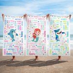 Personalizzato Animali marini Fantasia sirena Nuvola di parole Asciugatura rapida Asciugamano da spiaggia sovradimensionato con nome Vacanze estive Uso quotidiano Regalo di compleanno per bambini