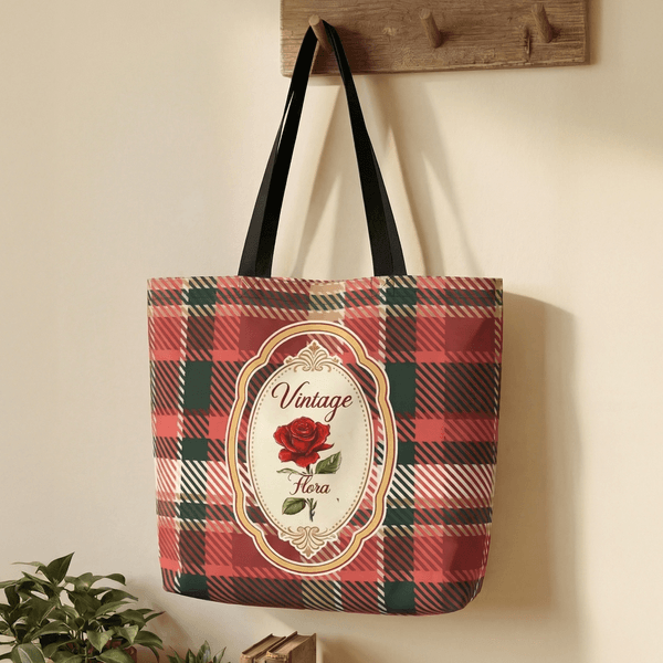 Personalised Birth Flower Plaid Large Tote Bag with Name Travel Bag Mother's Day Birthday Gift for Woman Mom