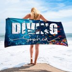 Personalisierte Ozean Taucher Silhouette Quick Dry Oversized Mikrofaser Strandtuch mit Text Urlaub wesentliche Geburtstagsgeschenk für Taucher Tauchen Liebhaber