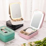 Personalised Cartoon Character Birth Flower PU Leather Jewellery Box with Name and LED Three-Colour Adjustable Makeup Mirror Birthday Gift for Women