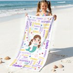Personalizzato Animali marini Fantasia sirena Nuvola di parole Asciugatura rapida Asciugamano da spiaggia sovradimensionato con nome Vacanze estive Uso quotidiano Regalo di compleanno per bambini