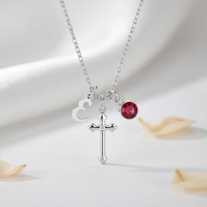 Personalised Birthstone Cross Necklace with Initial Dainty Jewellery Daily Wear Birthday Gift for Christian Mom