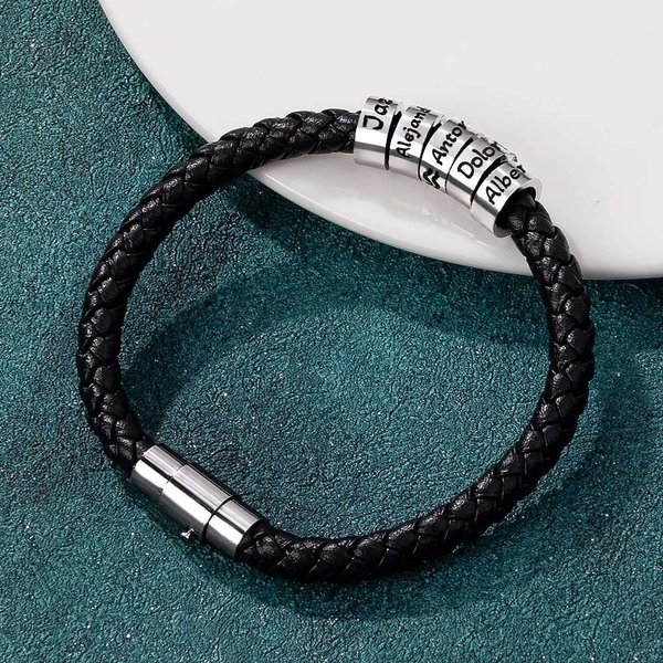 Pulsera personalizada de cuero trenzado unisex con 1 a 9 cuentas y nombres grabados regalo de Día del Padre cumpleaños y San Valentín para familia