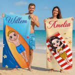 Gepersonaliseerd Extra Groot Sneldrogend Strandlaken met Cartoonfiguur en Naam met Trekkoordtas Perfect Cadeau voor Strandfeesten Zwemmers en Vrienden
