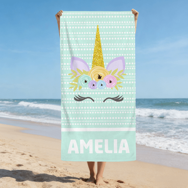 Asciugamano da spiaggia personalizzato fantasia unicorno multicolore sovradimensionato ad asciugatura rapida con nome Regalo di compleanno estivo essenziale per le ragazze