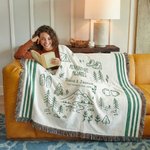 Personalised Line Art Style Moss Green Percy Stripes Adventure Awaits Tassel Soft Throw Blanket with Texts Birthday Camping Gift for Nature Lovers