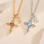 Personalized Cross Heart Birthstone Necklace with Initial Dainty Jewelry Mother's Day Birthday Baptism Gift for Her Mom Daughter
