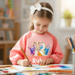 Personaliseer Schattig Dieren Initiaal Levendig Verfspatroon Waterdicht Schort Met Lange Mouwen met Naam en Zak Verjaardagscadeau voor Kind