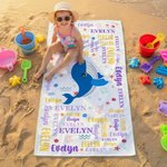 Personalizzato Animali marini Fantasia sirena Nuvola di parole Asciugatura rapida Asciugamano da spiaggia sovradimensionato con nome Vacanze estive Uso quotidiano Regalo di compleanno per bambini