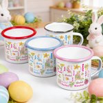 Personalised Cute Watercolor Easter Peter Rabbit Bunny Word Cloud 12 oz Enamel Mug with Name Easter Back to School Birthday Gift for Kids