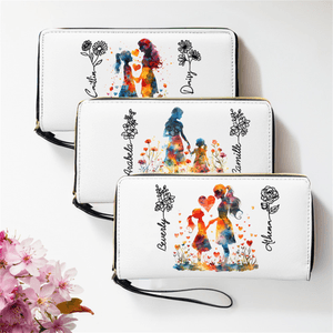 Personalisierte bunte Mutter Tochter Silhouette Brieftasche mit Namen und Geburt Blume Muttertag Geburtstag Geschenk für Mama Großmutter