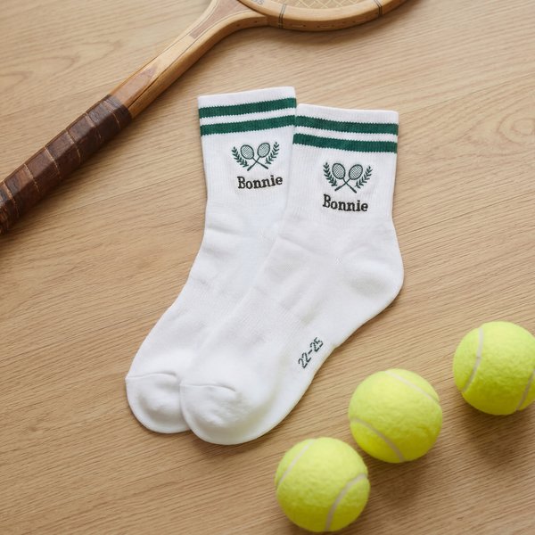 Personalised Embroidered Tennis Racket Pattern Soft Crew Sport Socks with Name Game Day Birthday Gift for Tennis Lovers Players