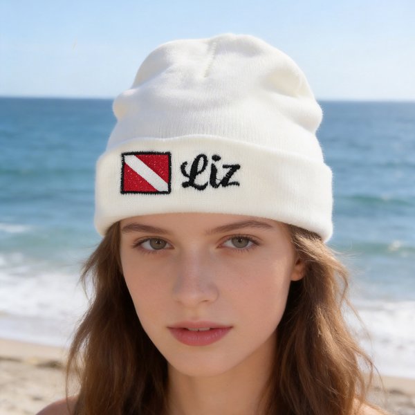 Personalised Embroidered Diver Flag Knit Soft Beanie Hat with Name Dive Accessory Birthday Daily Use Gift for Diving Lover