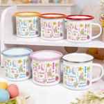 Personalised Cute Watercolor Easter Peter Rabbit Bunny Word Cloud 12 oz Enamel Mug with Name Easter Back to School Birthday Gift for Kids