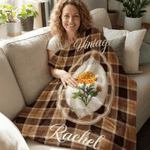 Personalised Vintage Plaid Birth Flower Throw Blanket with Name Home Decoration Mother's Day Birthday Gift for Mom Woman