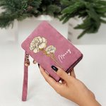 Personalised Birth Flower PU Leather Folded Wristlet Wallet with Name and Multiple Card Slots Birthday Anniversary Gift for Women