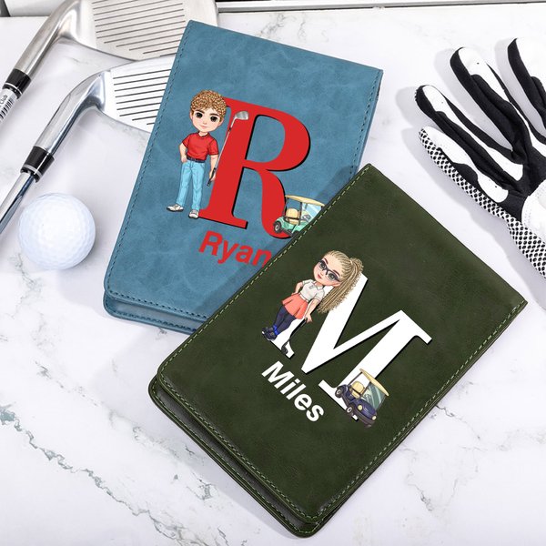 Personalized Cartoon Character Golf Cart PU Leather Golf Scorecard Holder with Name and Pencil Loop Golf Accessories Birthday Gift for Golf Lover
