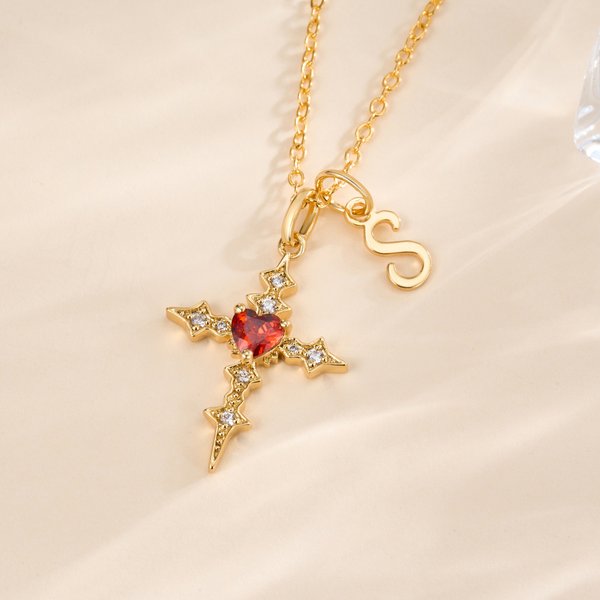 Personalized Cross Heart Birthstone Necklace with Initial Dainty Jewelry Mother's Day Birthday Baptism Gift for Her Mom Daughter