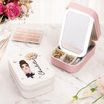 Personalised Cartoon Character Birth Flower PU Leather Jewellery Box with Name and LED Three-Colour Adjustable Makeup Mirror Birthday Gift for Women