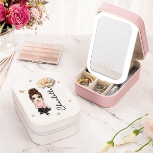 Personalised Cartoon Character Birth Flower PU Leather Jewellery Box with Name and LED Three-Colour Adjustable Makeup Mirror Birthday Gift for Women
