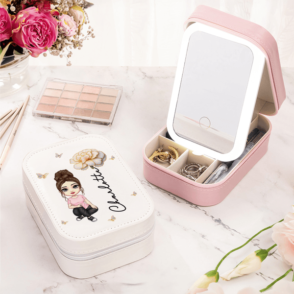 Personalised Cartoon Character Birth Flower PU Leather Jewellery Box with Name and LED Three-Colour Adjustable Makeup Mirror Birthday Gift for Women