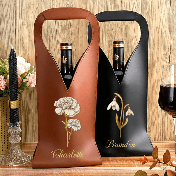 Personalized Birth Flower PU Leather Protective Wine Bag with Name Mother's Day Birthday Anniversary Gift for Wine Lovers