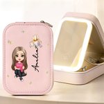 Personalised Cartoon Character Birth Flower PU Leather Jewellery Box with Name and LED Three-Colour Adjustable Makeup Mirror Birthday Gift for Women
