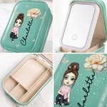 Personalised Cartoon Character Birth Flower PU Leather Jewellery Box with Name and LED Three-Colour Adjustable Makeup Mirror Birthday Gift for Women