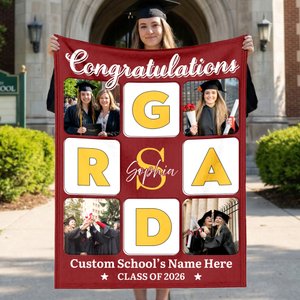 Personalisierte GRAD Brief Raster Fotos Schulname weiche Decke mit Jahr und Name Graduierung Geschenk für Absolventen