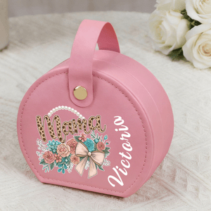 Personalised Mama Design Flower Bow PU Leather Travel Jewellery Box with Name and Handle Mother's Day Birthday Gift for Mom Grandma
