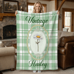 Personalised Vintage Plaid Birth Flower Throw Blanket with Name Home Decoration Mother's Day Birthday Gift for Mom Woman