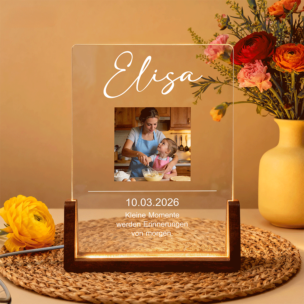 Personalisiertes Fest-Thema Acryl LED-Nachtlicht mit Foto Text und Holzsockel Erinnerung Weihnachten Geburtstag Geschenk für Freunde Familie