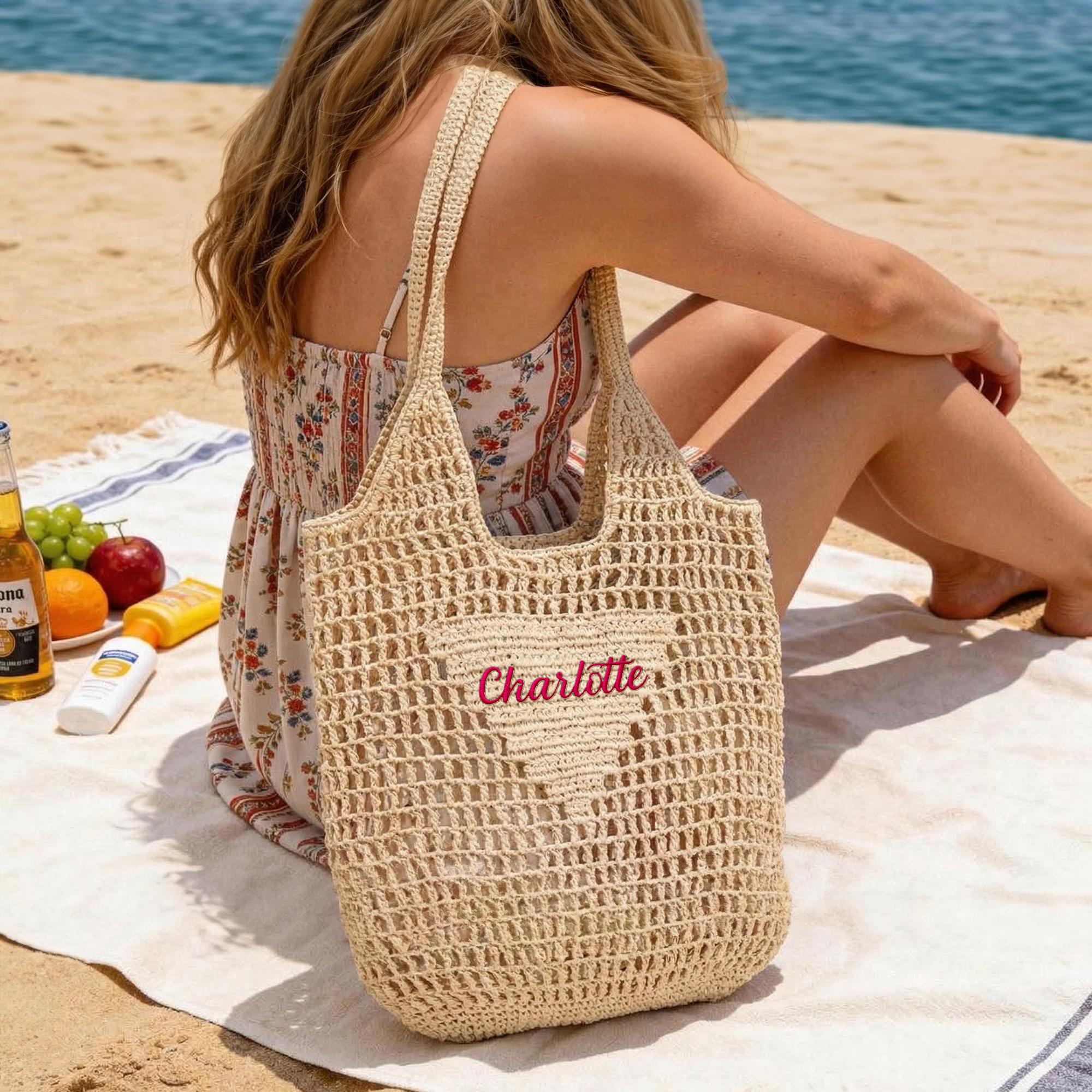 Personalizado Multicolor Bordado Nombre Raffia Tejido Hueco Bolsa Tote Reutilizable Playa Viaje Accesorio Fiesta Nupcial Día de la Madre Regalo para Mujer