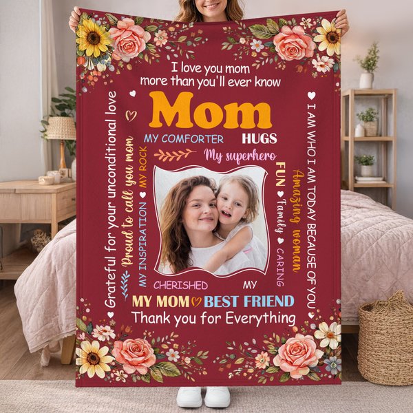 Personalised I Love You Mom Photo Floral Soft Throw Blanket Home Decor Mother's Day Gift for Mom