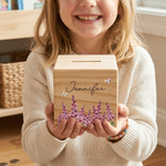 Personalized Birth Flower Wooden Piggy Bank Money Box with Name Back to School Children's Day Birthday Gift for Kids