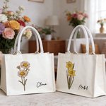 Personalised Vintage Birth Flower Canvas Large Tote Bag with Name Daily Use Mother's Day Birthday Gift for Mom Grandmother