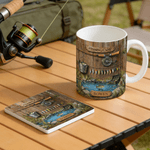 Tazza in ceramica da campo di pesca personalizzata con nome e sottobicchiere Regalo di compleanno per la festa del papà e dell'anniversario per il nonno appassionato di pesca
