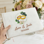 Personalized Flower Wreath Rings Embroidered Wedding Guest Book with Name and Date Wedding Anniversary Gift for Newlyweds