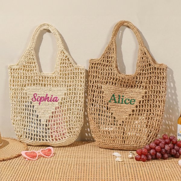 Personalized Multicolor Embroidered Name Raffia Woven Hollow Tote Bag Reusable Beach Travel Accessory Bridal Party Mother's Day Gift for Woman