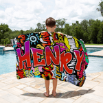 Personalized Doodle Style Quick Dry Oversized Microfiber Beach Towel with Gradient Name Summer Vacation Travel Use Birthday Gift for Family Friend Kid