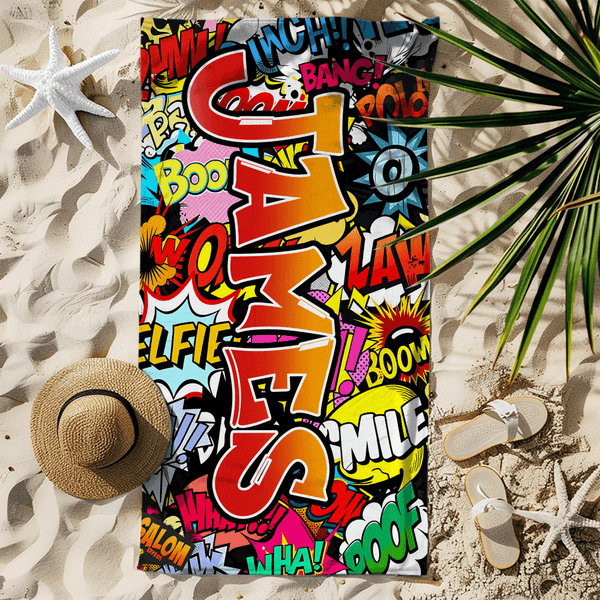 Personalized Doodle Style Quick Dry Oversized Microfiber Beach Towel with Gradient Name Summer Vacation Travel Use Birthday Gift for Family Friend Kid