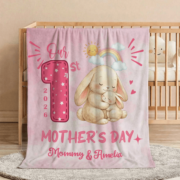 Personalized Cute Animal Pattern Our 1st Mother's Day Soft Throw Blanket with Name and Year Home Deco Mother's Day Gift for New Mom Newborn