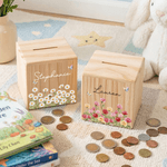 Personalized Birth Flower Wooden Piggy Bank Money Box with Name Back to School Children's Day Birthday Gift for Kids