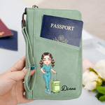 Personalized Nurse Cartoon Character PU Leather Passport Holder Wallet with Name Travel Essential Birthday Gift for Nurse Doctor Medical Staff